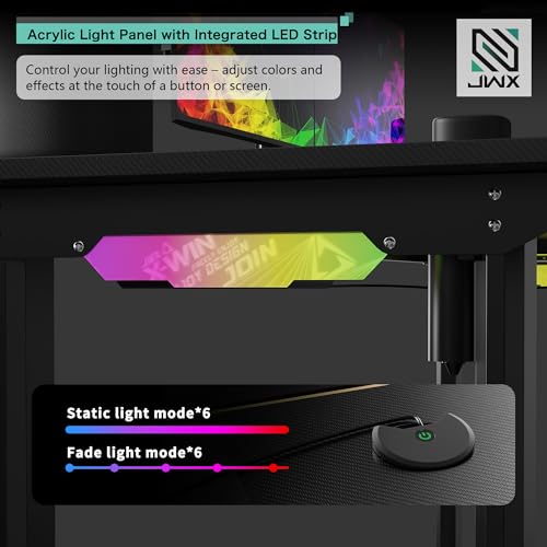 JWX 71-Inch Dual Motor 4-Leg Standing Gaming Desk with LED | Flip-up cable panel with rear LED strip and acrylic side lights creates soft desktop glow or immersive backlighting. - size: Flip Up-Black
