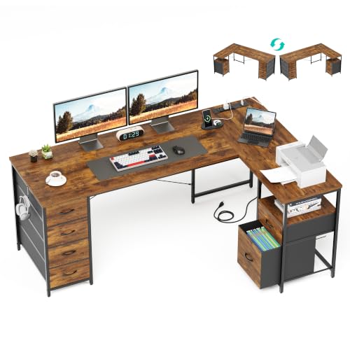 63 Inch L Shaped Office Desk with 6 Drawers & Type-C Port, Rustic Brown - color: Rustic Brown, size: 63 Inch