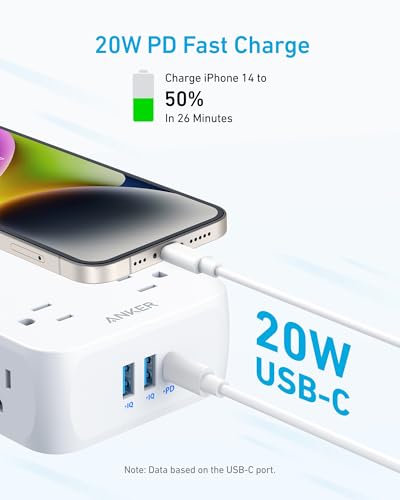 Anker Power Strip with 2000J Surge Protector, 10ft Outlet Extender, 20W 8AC (Pack of 2) - color: Shell White, size: 10FT (Pack of 2)