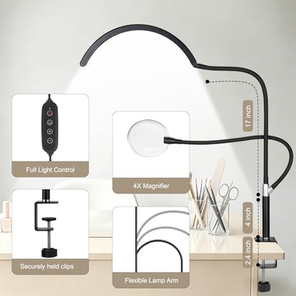 Half Moon Light for Nail Desk: Dual Arm Half Moon Desk Lamp with 4X Magnifier for Beginner-Arch Nail Tech Light with 3 Color Modes & 10 Brightness Levels for Manicure Salon, Eyelash Extensions, Tattoo