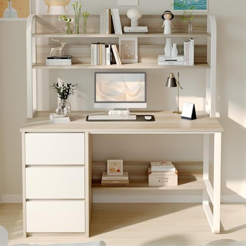 MaverickFurni Computer Desk with Hutch, 47 Inch Small Desk with 3 Drawers for Bedroom, Study Writing Desk with Shelves for Small Spaces, Adjustable Feet, Natural Oak - color: Natural Oak, size: 47"W