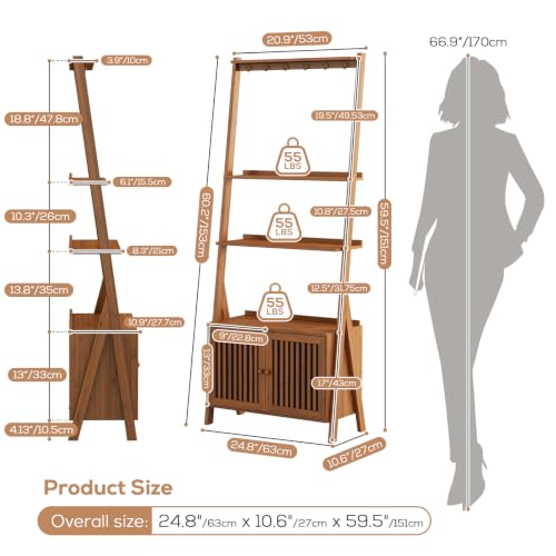 Bookcase with Drawers, Ladder Shelf 4-Tier Bamboo Bookshelf with 6 Hooks - color: 4-tier Walnut