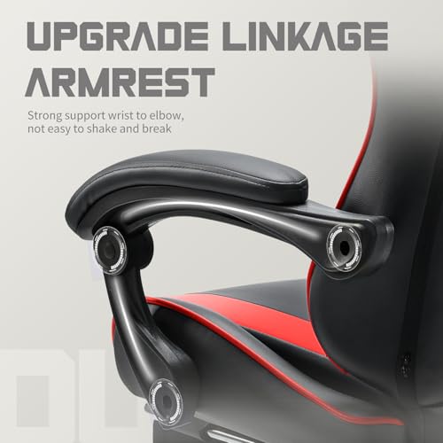 DUMOS Ergonomic Gaming Chair with Footrest, Home Office Desk Chair | PU Leather, Headrest, Linkage Armrests, Height Adjustable, 360 Swivel Reclining, Black Red - color: Black Red, size: PU Leather 27"D x 25"W x 52"H