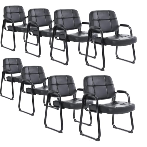 CLATINA Big Tall 400 lbs Waiting Room Chairs with Padded Arms Leather Guest Chair no Wheels for Office Reception Lobby and Conference Desk with Sled Base, Black, 8PK - color: Black-sledbase, size: 8PK