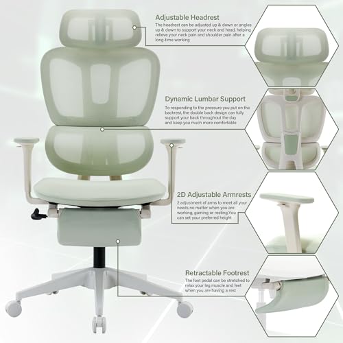 Ergonomic Mesh Office Chair with Retractable Footrest - High Back Computer Chair, Lumbar Support, Adjustable Armrest and Headrest, Durable Base - Multifunctional Home Office Desk Chair for Adults - color: Green