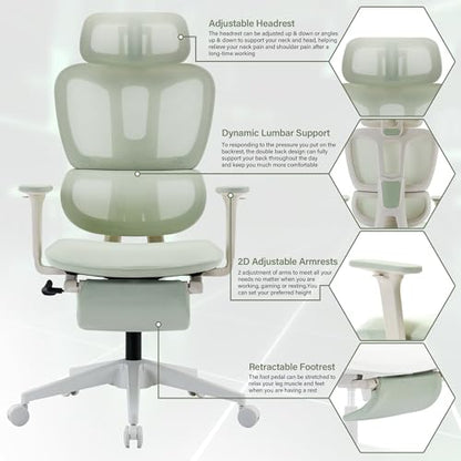 Ergonomic Mesh Office Chair with Retractable Footrest - High Back Computer Chair, Lumbar Support, Adjustable Armrest and Headrest, Durable Base - Multifunctional Home Office Desk Chair for Adults - color: Green