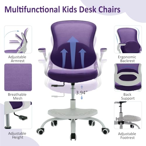 Kids Desk Chair,Ergonomic Study Chair with Adjustable Height,Swivel Mesh Desk Chair with Wheels,Home Office Chair for Children in Home Bedroom Purple - color: Purple