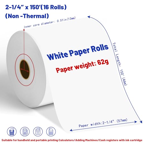 16Pcs Adding Machine Tape, 2 1/4" x 150 ft Calculator Tape Rolls | Calculator Paper Rolls for Most Printing Calculators, POS Systems & Cash Registers(Non Thermal), Adding Machine Paper - color: 16PC