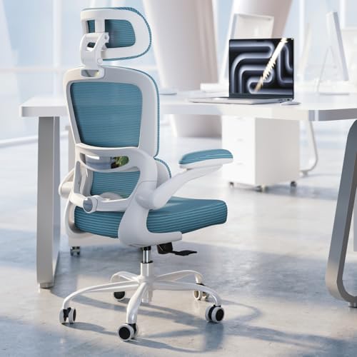 TRALT Ergonomic Office Chair Desk Chair with Adjustable Lumbar Support | Home Office Desk Chairs with Flip-up Armrests & 3D Headrest - Mesh Gaming Chairs for Adults, 330lbs, PU Leather (Blue, 1) - color: Blue, size: Pack of 1