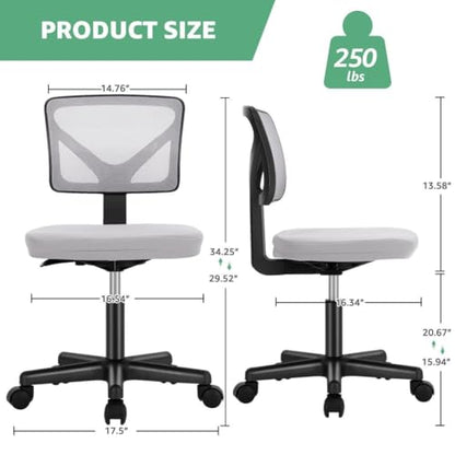 Armless Mesh Office Chair, Ergonomic Low Back Deskchair, Adjustable Rolling Task Computer Swivelchairs for Small Spaces Home Bedroom Study, Gray - color: Grey