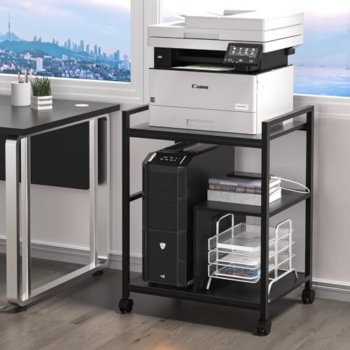 Lerliuo 24" Wide Large Printer Stand with Storage, Black | Printer Table for Home Office with Charging Station, 3 Tier Industrial Mobile Printer Cart with Lockable Wheels - color: Black