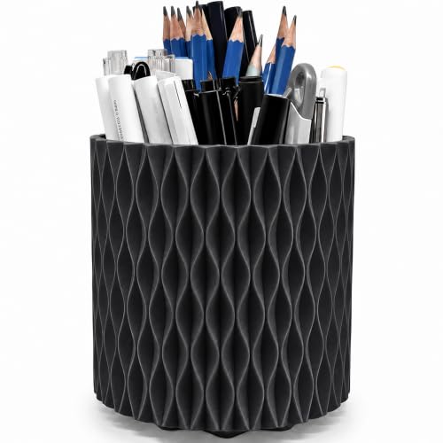Lebenrich Aesthetic Black Pen Holder for Desk, Rotating Plastic Desk Pencil Holder Organizer for Home School Office - color: Black