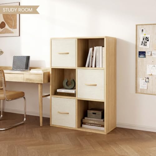 EXPERLAM 6 Cube Storage Organizer - Solid Wood Bookshelf with 3 Storage Bins, Cube Shelf with 2 Removable Back Panels, Vertical or Horizontal Bookcase, Open Book Shelf for Bedroom, Living Room, Office - size: 6 Cube Shelf