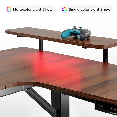 EUREKA ERGONOMIC Gaming Standing Desk with Keyboard Tray,74" U Shaped Studio Desk for Recording&Live,Electric Height Adjustable Desk w LED Convertible Shelves,Walnut