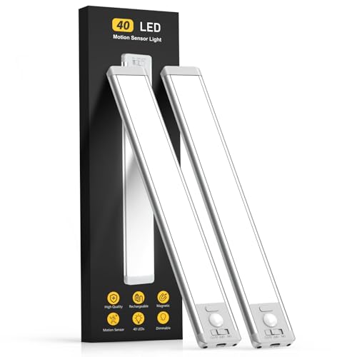 MCGOR 10inch Under Cabinet Lighting, 2 Pack Rechargeable Motion Sensor Light Indoor, 5 Levels Dimmable Magnetic Closet Lights, Wireless Under Counter Lights for Kitchen, Stairs - color: White Light, size: 10inch