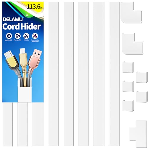 Delamu Cord Hider for Wall Mounted TV, 113.6in Paintable Cable Cover System, Self-Adhesive Cable Management Raceway Kit Hides 2-3 Wires, Baseboard Wire Hider Easy Installation, W 0.95 H 0.55in, White - size: 113.6 in L X 0.95 in W X 0.55 in H