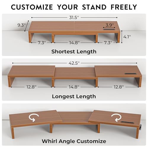 BONTEC Dual Monitor Stand Riser, Adjustable Length & Swivel Angle, Walnut - color: Walnut, size: 42.5 in