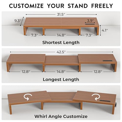 BONTEC Dual Monitor Stand Riser, Adjustable Length & Swivel Angle, Walnut - color: Walnut, size: 42.5 in