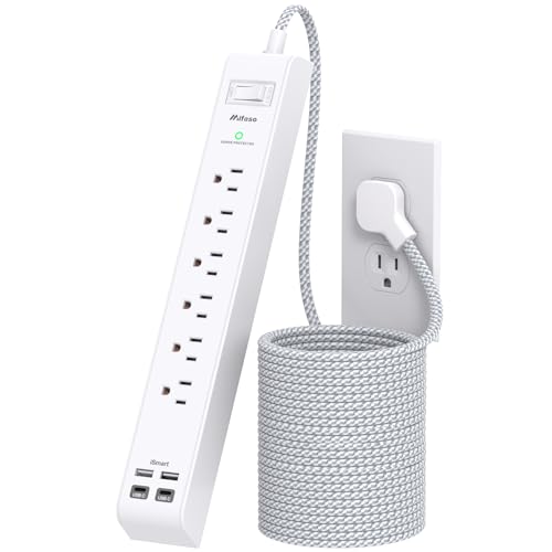Surge Protector Power Strip 25FT, 10-in-1 with 6 AC Outlets 4 USB Ports(2 USB-C), Ultra Flat Plug Braided Extension Cord, Wall Mountable, 1080J Surge Protection, ETL Listed, White - color: White&Grey, size: 25FT