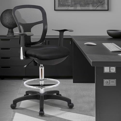 OfficeFactor Drafting Chair Tall Office Chair with Arms Executive Ergonomic Standing Desk Chair with Anti Scratch Wheels and Footrest - color: Black