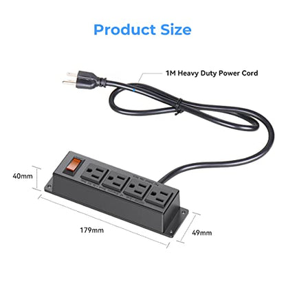 Wall Mount Power Outlet Strip, 4 Outlet Mountable Power Strip with Switch, 3ft Cord Under Desk Power Strip for Office/Industrial/Home, Flat Plug, Black | with Switch, Under Desk Power Strip for Office/Industrial/Home, Flat Plug, Black