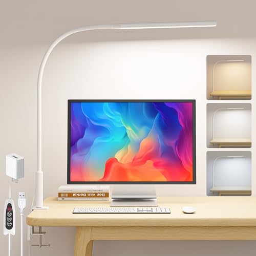 Desk Lamp with Clamp for Home Office, 3 Colors Stepless Dimming for Puzzle | Clip on Light for Desk with Adapter, Gooseneck Clamp on Desk Light for Reading Working Workbench Drawing Gaming - color: White Pro