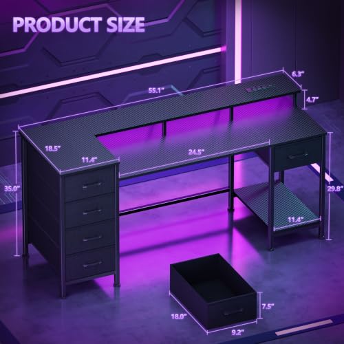 Korfile 55 Inch Gaming Desk with Power Outlets and LED Lights, Reversible Computer Desk with 5 Fabric Storage Drawers, Home Office Desk with Monitor Stand for Working Writing Study, Carbon Fiber Black - color: Carbon Fiber Black, size: 55 Inch