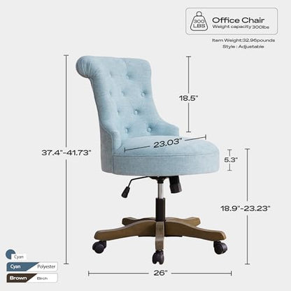 HUIMO Home Office Chair Upholstered Armless Swivel Desk Chair with Wheels | Adjustable Height Computer Desk Chair with Wooden Legs linen Comfortable Swivel Chairs for Farmhouse Study Studio Teal - color: Teal