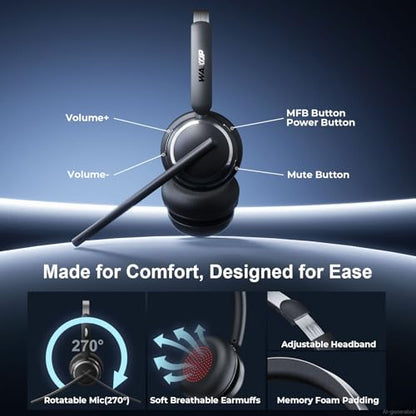 Wireless Headset with Mic for Work, Bluetooth 6.0 Headset with AI Noise Cancelling Microphone, 60H & Mic Mute, Wireless Headset for PC/Computer/Teams/Call Center/iPhone/Android