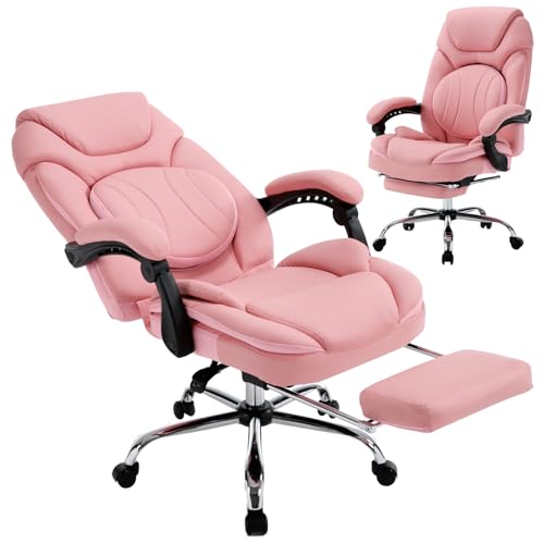 Wide Comfy Office Desk Chair for Women with Lumbar Support Pink | Big Tall Computer Gaming Chair, Adjustable Lumbar Back Support, Wide Seat, Heavy Duty, Wheels, Faux Leather - color: Bright Pink
