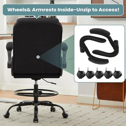 MAHOMICO Drafting Chair for Standing Desk – Tall Office Chair with Adjustable Height & Foot Ring, Flip-Up Arms, Lumbar Support – Comfortable Fabric Seat, Ideal Home Desk Chair - color: Black