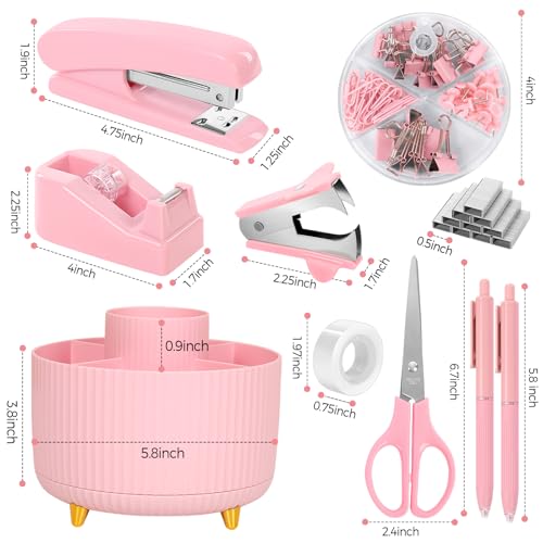 SKYDUE Pink Desk Accessories 11Pcs with Rotating Pen Holder for Desk | Included Stapler with Staples, Staple Remover, Tape Dispenser,2pcs Tape Refills, Binder Paper Clips Kit, Scissor, 2pcs Pens - color: Pink