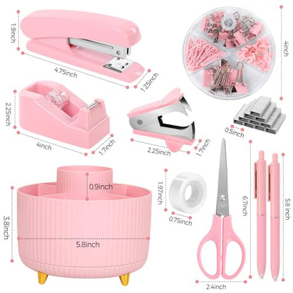 SKYDUE Pink Desk Accessories 11Pcs with Rotating Pen Holder for Desk | Included Stapler with Staples, Staple Remover, Tape Dispenser,2pcs Tape Refills, Binder Paper Clips Kit, Scissor, 2pcs Pens - color: Pink