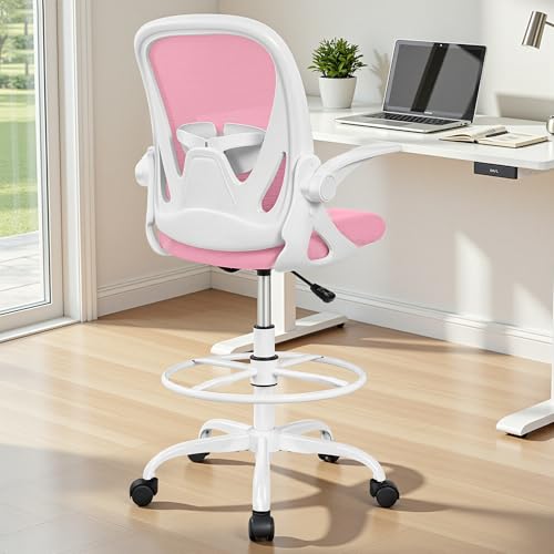Primy Drafting Chair Tall Office Chair with Flip-up Armrests Executive Ergonomic Computer Standing Desk Chair with Lumbar Support and Adjustable Footrest Ring (Pink) - color: Pink, size: 934-Z