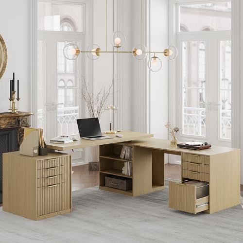 L Shaped Electric Standing Desk, 81'' x 68" Executive Height Adjustable Desk with Drawers and File Cabinet, AC/USB, Fluted Computer Desk with Storage Shelves for Home Office, Light Walnut - color: Light Walnut