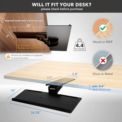 Mount-It! Under Desk Keyboard Tray, Adjustable Slide-Out Keyboard & Mouse Platform, 26.38" W × 10" D, Ergonomic Wrist Rest, Height Tilt & Swivel, Heavy-Duty Bolt-On Keyboard Drawer for Home Office