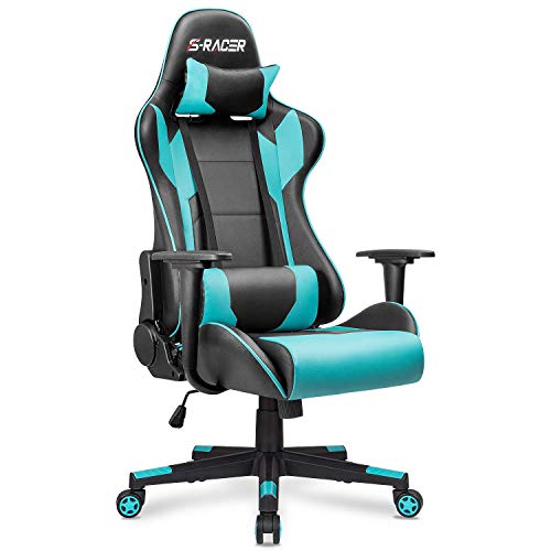 Homall Gaming Chair, Office Chair High Back Computer Chair Leather Desk Chair Racing Executive Ergonomic Adjustable Swivel Task Chair with Headrest and Lumbar Support(Cyan) - color: Cyan