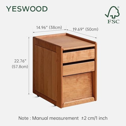 YESWOOD Solid Cherry Wood Side Table with Wheels, Narrow Side Tables with Storage Drawers, Rolling Wood Nightstand for Bedroom Living Room Study(Cherry Color, 22.76" H)