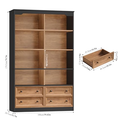 71" Tall Bookshelf with 4 Drawers Large Bookshelf Office Bookcase | 6-Tier Double Wide Bookshelves and Bookcases with Storage, Tall Bookshelf Standing Book Cabinet for Home Office, Brown/Black - color: Brown/Black