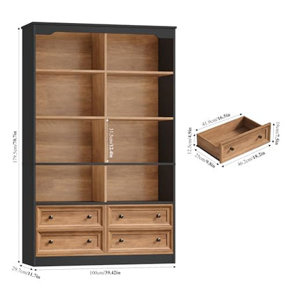 71" Tall Bookshelf with 4 Drawers Large Bookshelf Office Bookcase | 6-Tier Double Wide Bookshelves and Bookcases with Storage, Tall Bookshelf Standing Book Cabinet for Home Office, Brown/Black - color: Brown/Black
