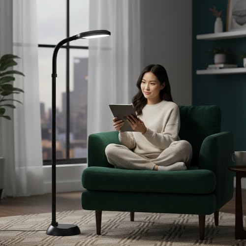 Lavish Home Adjustable LED Floor Lamp with Bendable Neck - Full Spectrum Natural Sunlight LED Lamp for Bedroom and Living Room - Reading, Craft, and Esthetician Light (Black)