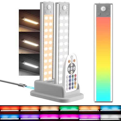 Hopedone 3-Pack Motion Sensor Under Cabinet Lights with Charging Station | 3 color temps, 12 RGB effects, day/night sensing, kitchen, closet, garage, stairwell, home bar, playroom - size: 3 Pack with Charge Station