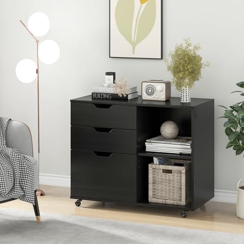 LOKO Mobile 3-Drawer File Cabinet, Rolling Lateral Filing Cabinet (Black) - color: Black