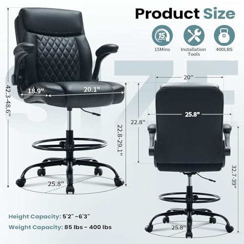 MAHOMICO Drafting Chair for Standing Desk – Tall Office Chair with Adjustable Height & Foot Ring, Flip-Up Arms, Lumbar Support – Comfortable Leather Seat, Ideal Home Desk Chair - color: Leatherblack