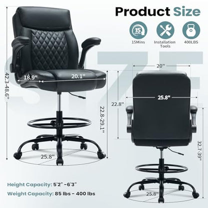 MAHOMICO Drafting Chair for Standing Desk – Tall Office Chair with Adjustable Height & Foot Ring, Flip-Up Arms, Lumbar Support – Comfortable Leather Seat, Ideal Home Desk Chair - color: Leatherblack