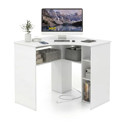 GOFLAME White Corner Desk with Charging Station, Small Corner Desk with Storage Shelves, Triangle Computer Desk, Study Writing Table for Home Office, Small Spaces