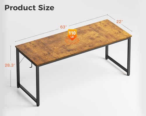 Casaottima 63 Inch Computer Desk for Home Office, Study Writing Table for Small Spaces, Simple Modern Desk with Headphone Hooks, Rustic Brown - size: 63 inch