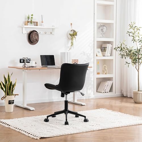 YOUNIKE Black Office Desk Chair with Wheels Armless Vanity Chair Modern | Faux Leather Upholstered with Rocking Back, Swivel Height Adjustable Small Cute Computer Rolling Task Chair Ergonomic 300lb - color: Black, size: Base Black