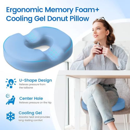 Donut Pillow Seat Cushion, Cooling Gel Memory Foam Chair Cushion,Light Blue - color: Light Blue, size: Large