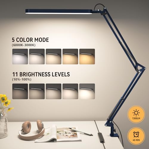 SKYLEO Desk Lamp - LED Desk Light - 5 Color Modes X 11 Brightness Levels - Adjustable Swing Arm - Timmer & Memory Function - 12W Lamp for Desk - Blue - style: Blue swing arm